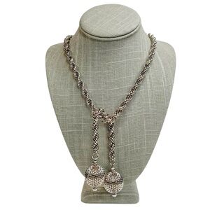 Silver Tone Thick Twisted Rope Chain Capped Ornamental Balls Lariat Necklace
